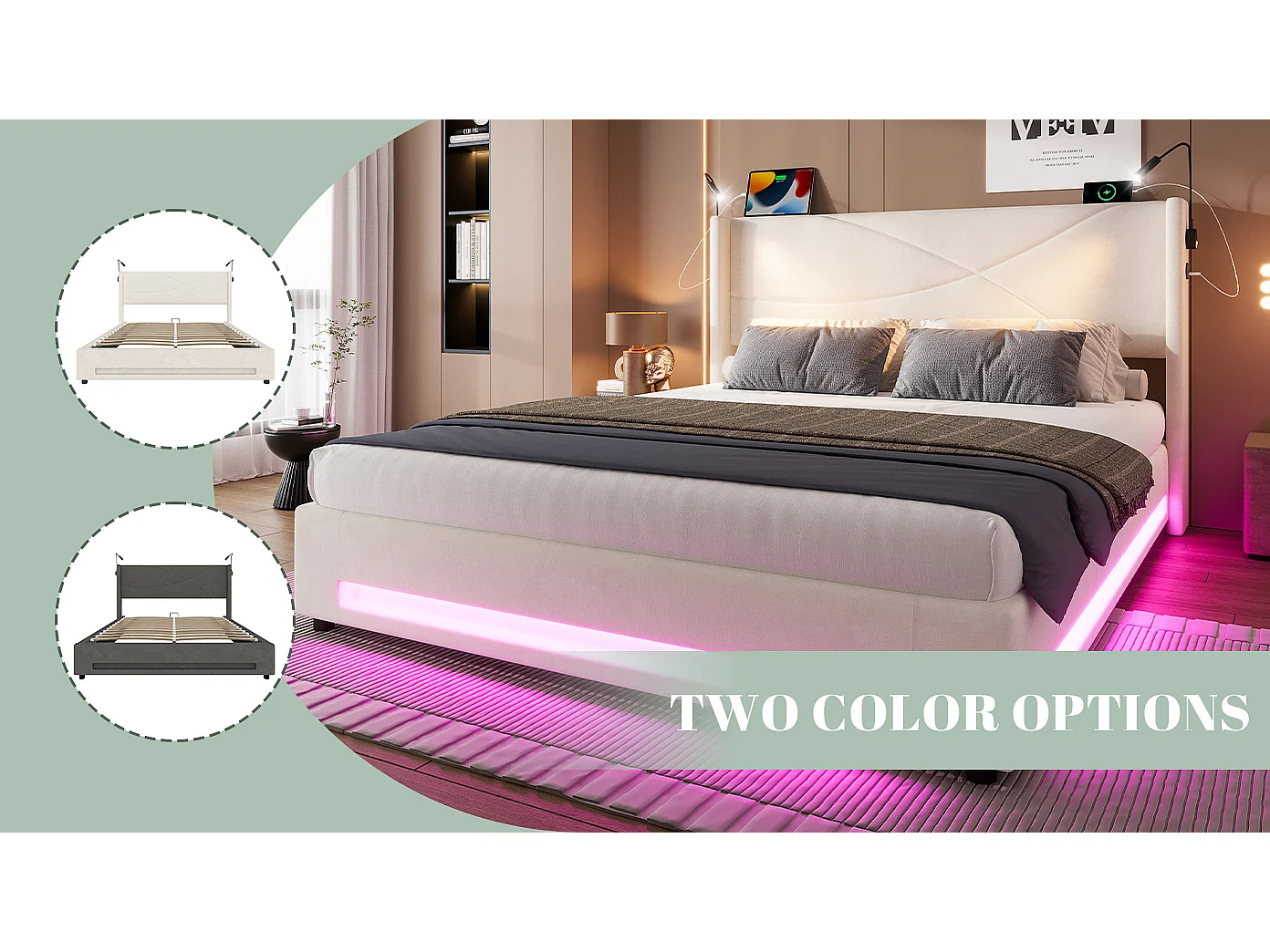 Lit Coffre en Velours avec Sommier à Lattes, Tête de Lit LED, Liseuses et Ports USB, Cadre de Lit Double 160x200, 300kg (Matelas non inclus)