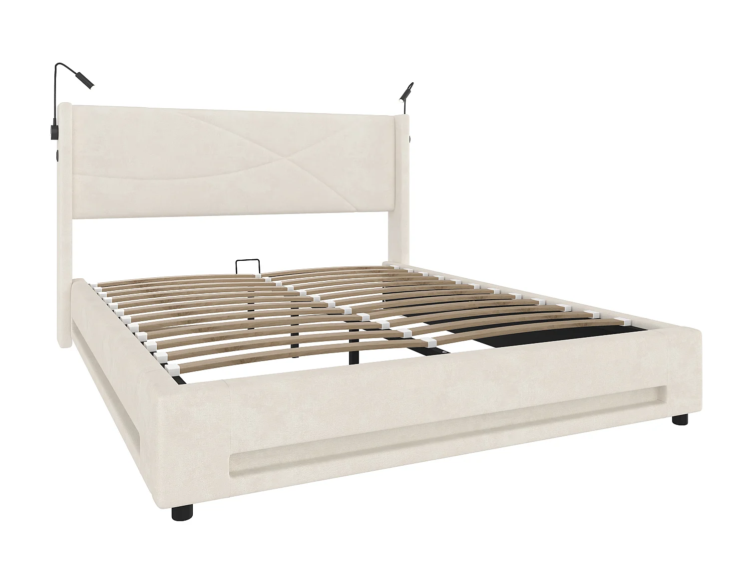 Lit Coffre en Velours avec Sommier à Lattes, Tête de Lit LED, Liseuses et Ports USB, Cadre de Lit Double 160x200, 300kg (Matelas non inclus)