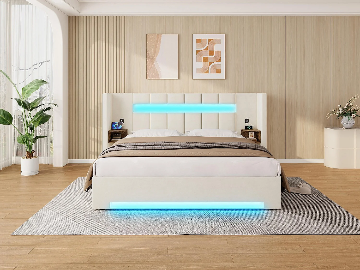 Lit Coffre 2 Places en Velours avec Rangement Hydraulique Prises USB Intégrées et Tables de Chevet Rétro Intégrées Sommier Relevable Chic