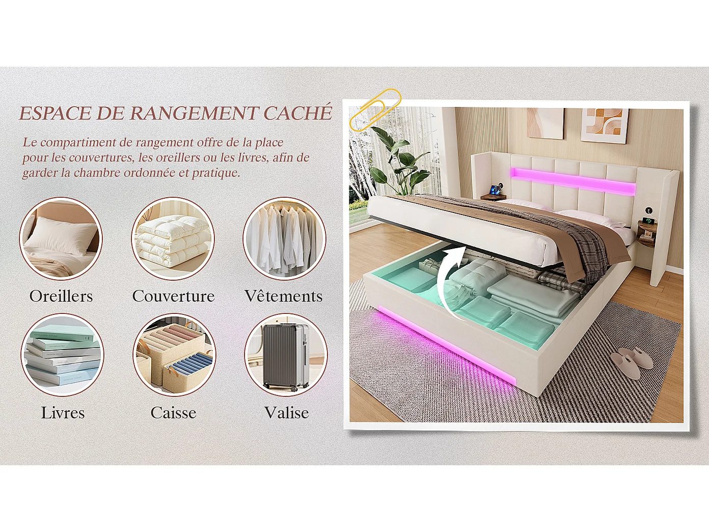 Lit Coffre 2 Places en Velours avec Rangement Hydraulique Prises USB Intégrées et Tables de Chevet Rétro Intégrées Sommier Relevable Chic