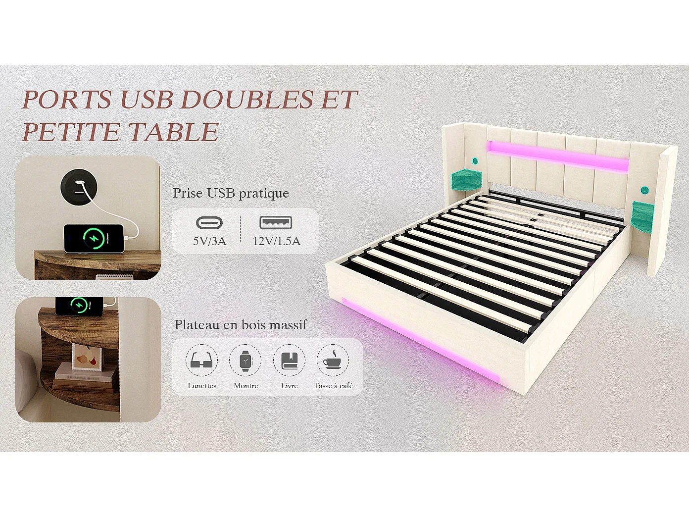 Lit Coffre 2 Places en Velours avec Rangement Hydraulique Prises USB Intégrées et Tables de Chevet Rétro Intégrées Sommier Relevable Chic