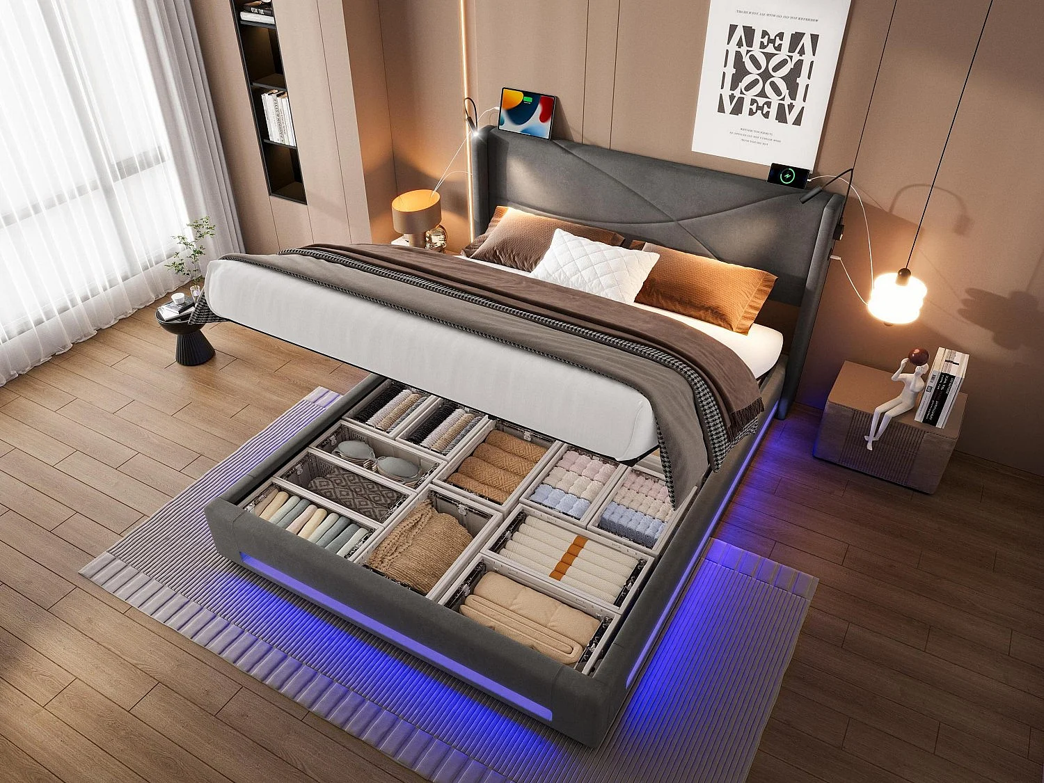 Lit Coffre en Velours avec Sommier à Lattes, Tête de Lit LED, Liseuses et Ports USB, Cadre de Lit Double 160x200, 300kg (Matelas non inclus)