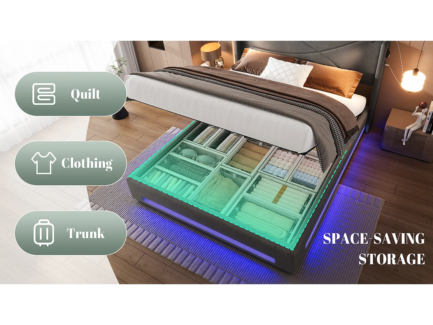 Lit Coffre en Velours avec Sommier à Lattes, Tête de Lit LED, Liseuses et Ports USB, Cadre de Lit Double 160x200, 300kg (Matelas non inclus)