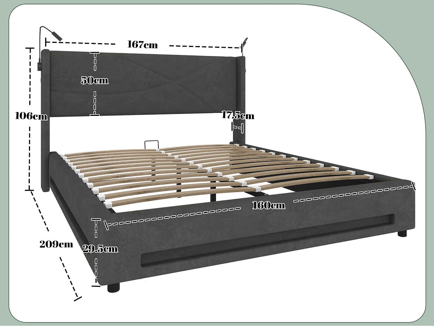 Lit Coffre en Velours avec Sommier à Lattes, Tête de Lit LED, Liseuses et Ports USB, Cadre de Lit Double 160x200, 300kg (Matelas non inclus)