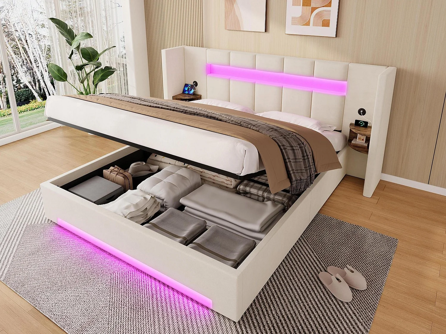 Lit Coffre 2 Places en Velours avec Rangement Hydraulique Prises USB Intégrées et Tables de Chevet Rétro Intégrées Sommier Relevable Chic