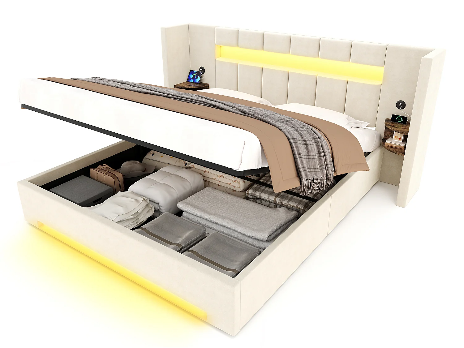 Lit Coffre 2 Places en Velours avec Rangement Hydraulique Prises USB Intégrées et Tables de Chevet Rétro Intégrées Sommier Relevable Chic