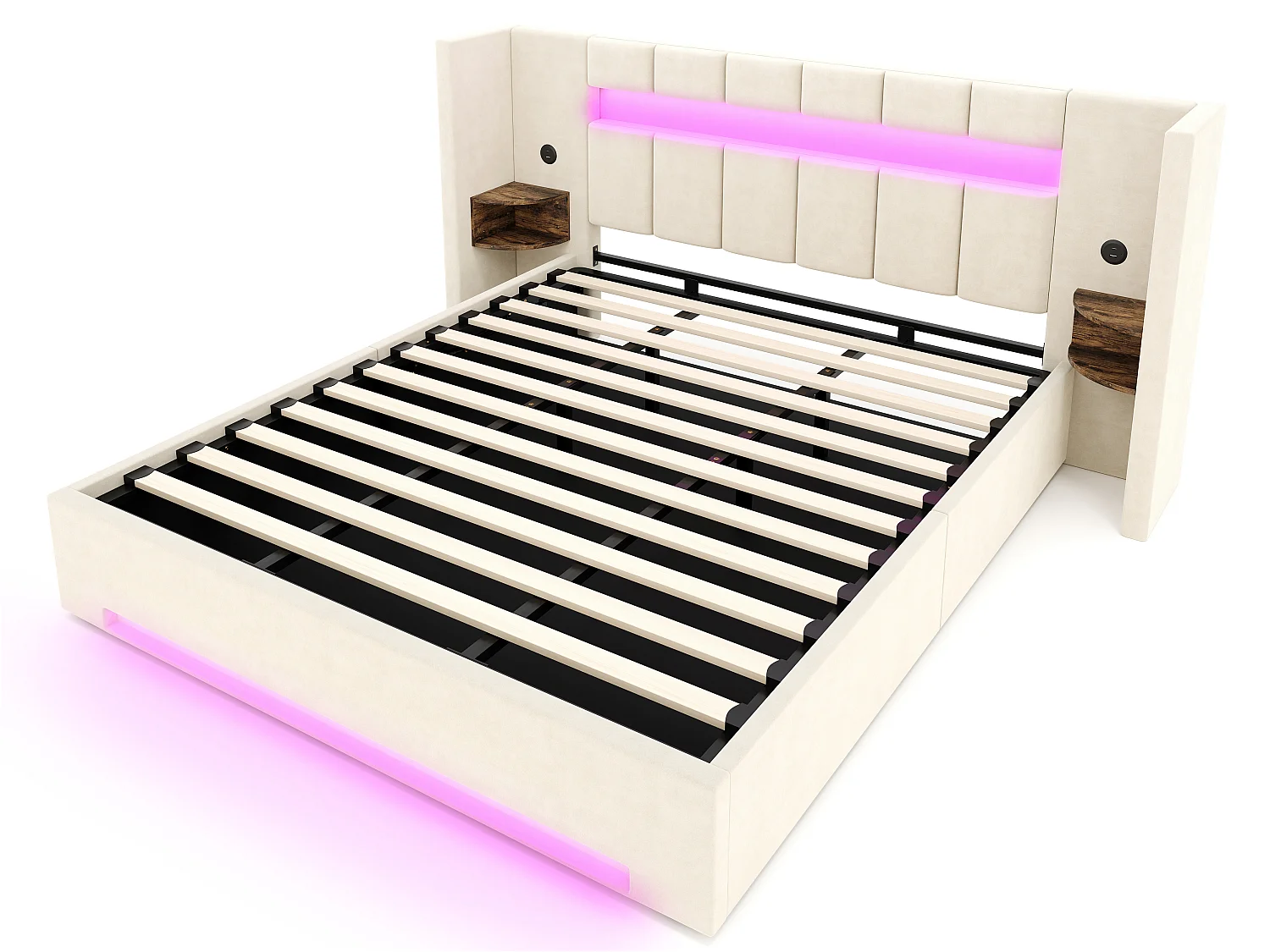 Lit Coffre 2 Places en Velours avec Rangement Hydraulique Prises USB Intégrées et Tables de Chevet Rétro Intégrées Sommier Relevable Chic