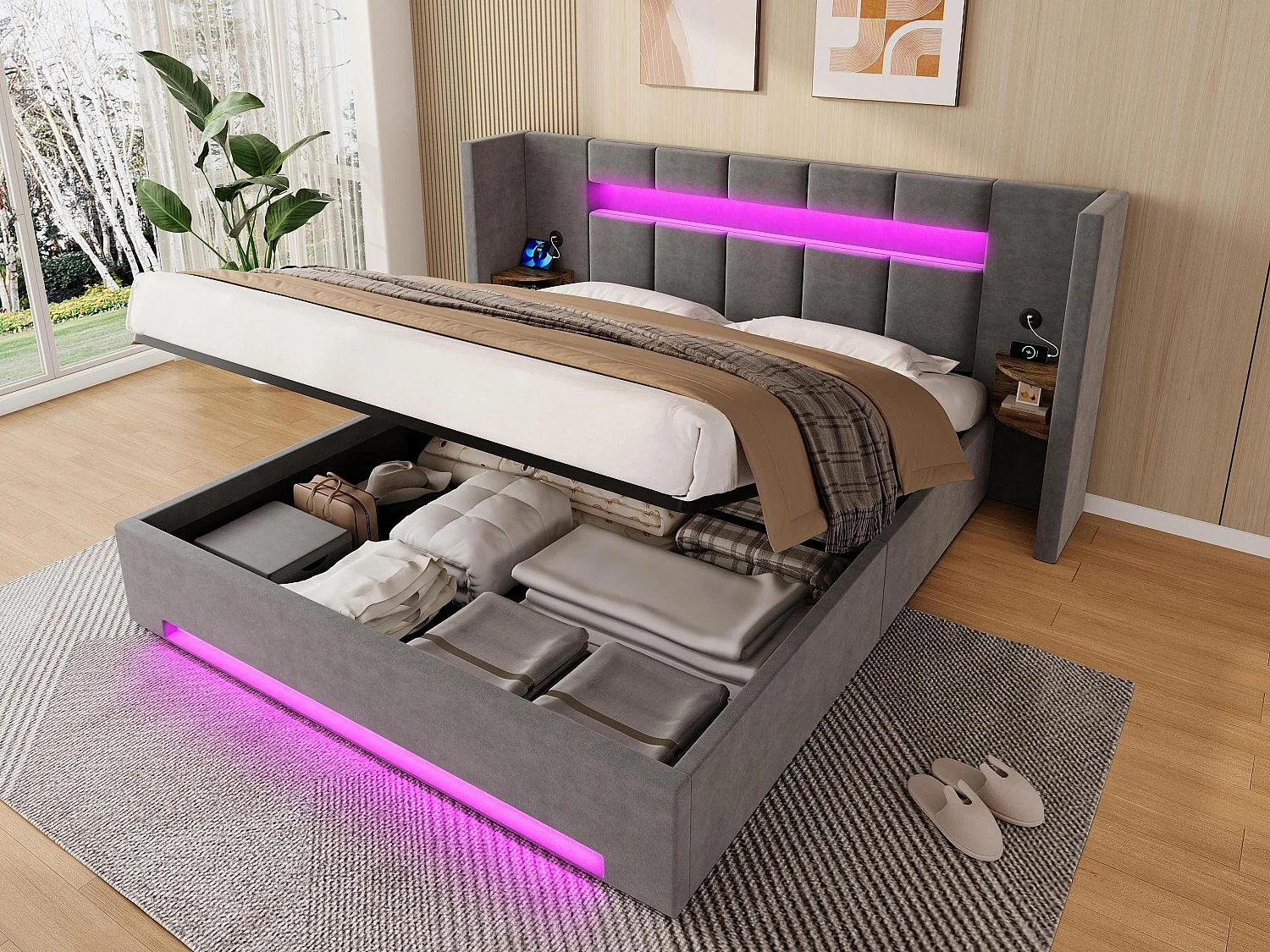 Lit Coffre 2 Places en Velours avec Rangement Hydraulique Prises USB Intégrées et Tables de Chevet Rétro Intégrées Sommier Relevable Chic