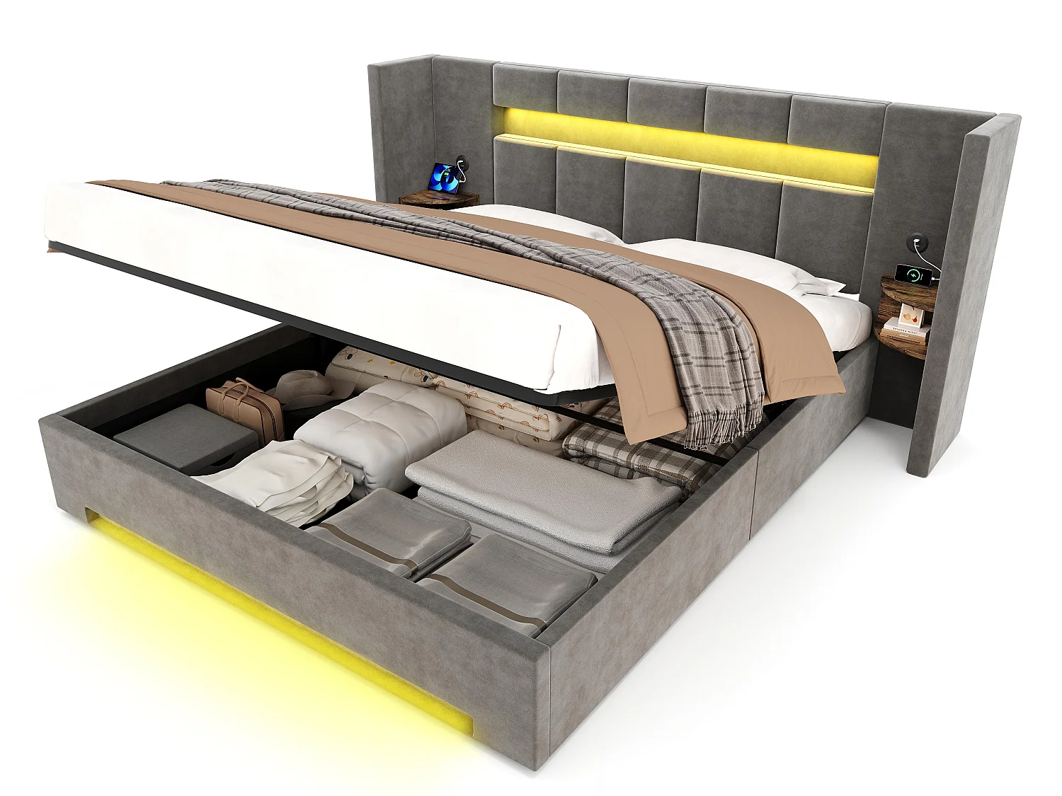 Lit Coffre 2 Places en Velours avec Rangement Hydraulique Prises USB Intégrées et Tables de Chevet Rétro Intégrées Sommier Relevable Chic