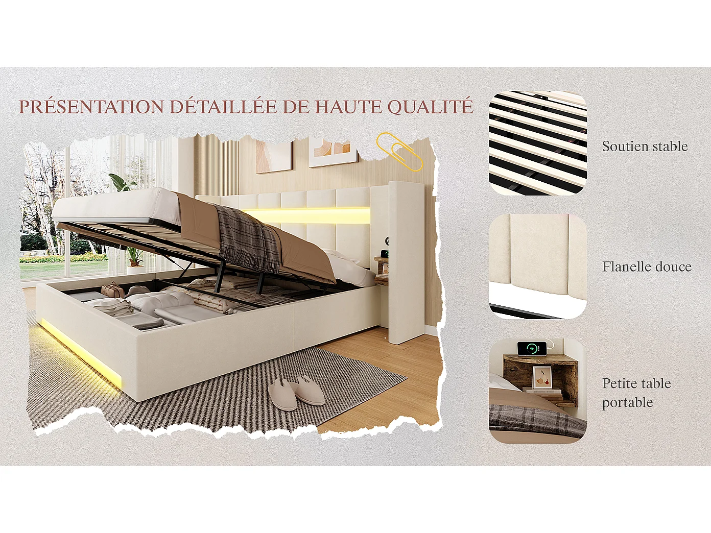 Lit Coffre 2 Places en Velours avec Rangement Hydraulique Prises USB Intégrées et Tables de Chevet Rétro Intégrées Sommier Relevable Chic