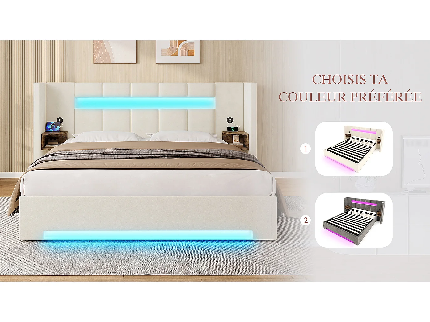 Lit Coffre 2 Places en Velours avec Rangement Hydraulique Prises USB Intégrées et Tables de Chevet Rétro Intégrées Sommier Relevable Chic
