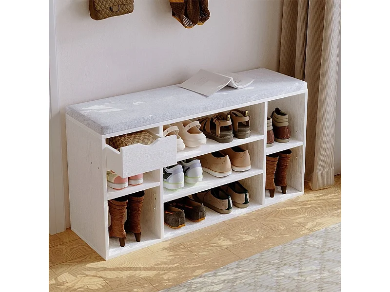 Scapino con seduta grigia in stile loft, panca bianca per ingresso, design moderno