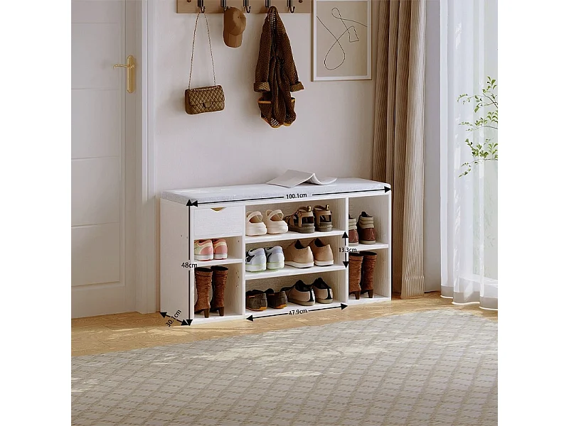 Scapino con seduta grigia in stile loft, panca bianca per ingresso, design moderno