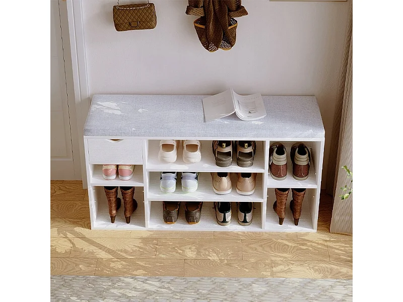 Scapino con seduta grigia in stile loft, panca bianca per ingresso, design moderno