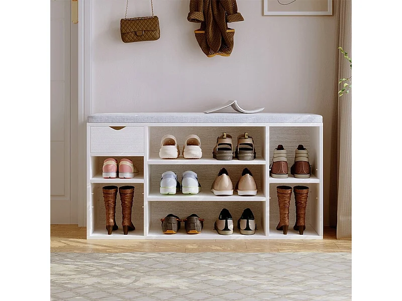 Scapino con seduta grigia in stile loft, panca bianca per ingresso, design moderno