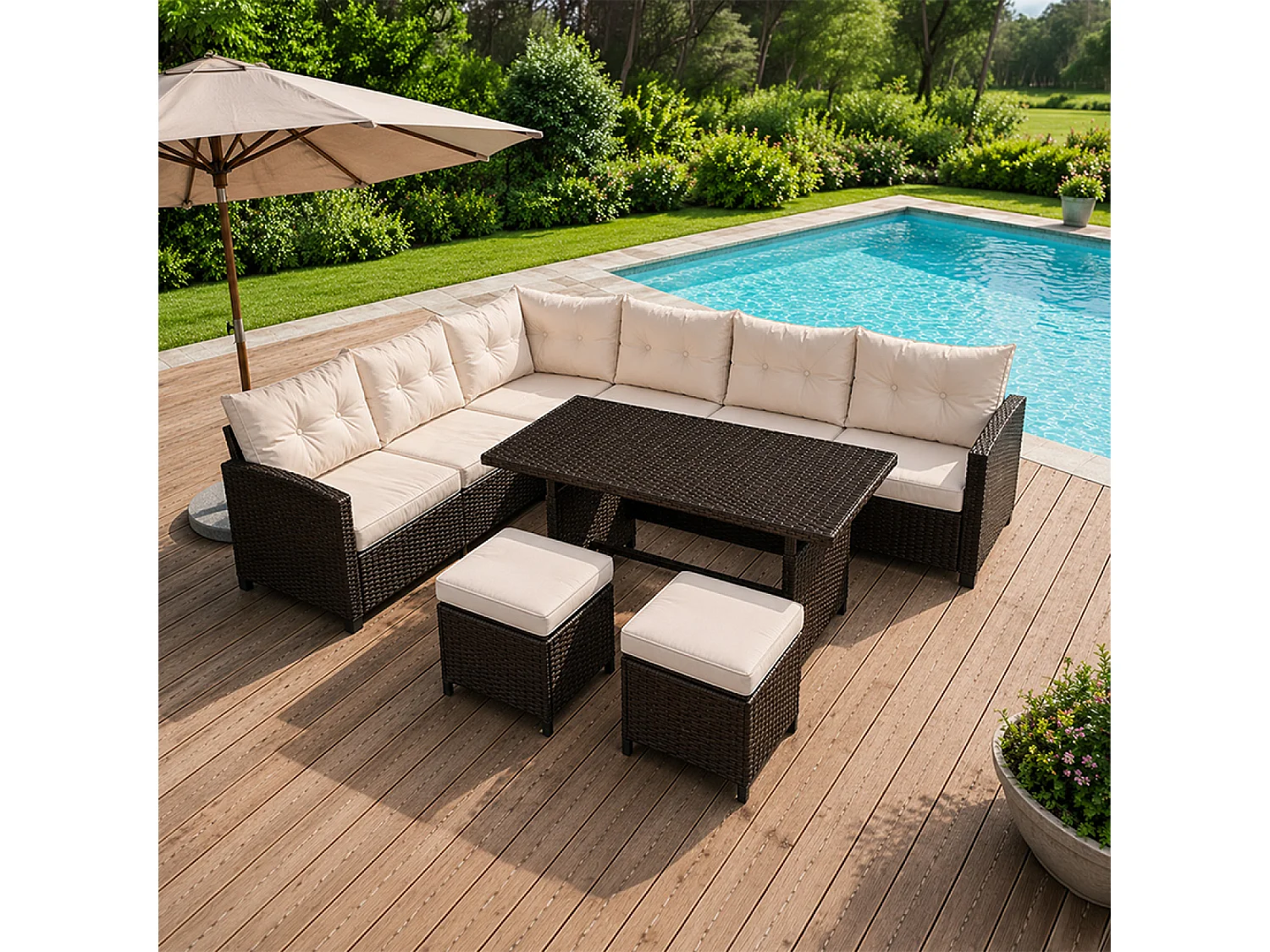Juego de muebles de jardín moderno de 9 plazas en ratán de resina marrón y beige con sofá de esquina y mesa RABI