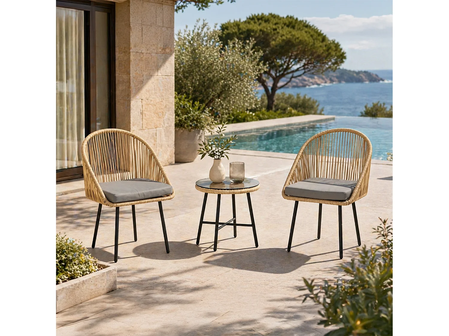 Set da giardino effetto rattan nero moderno con 2 poltrone e tavolino IPANEMA