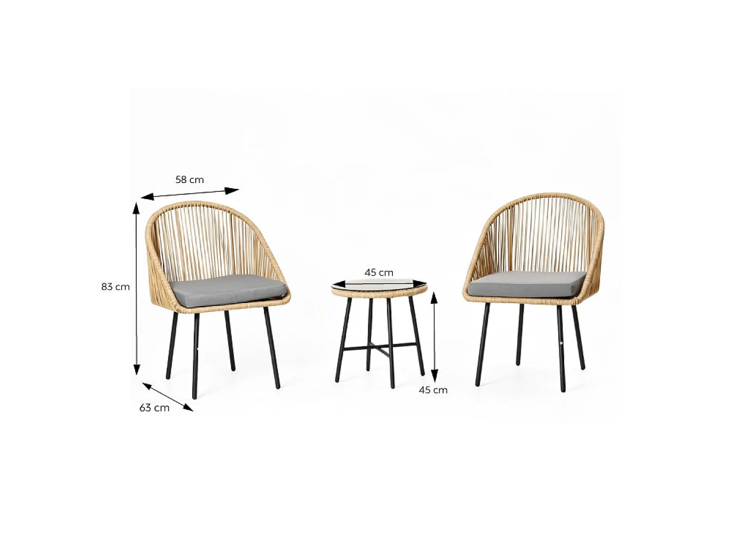 Set da giardino effetto rattan nero moderno con 2 poltrone e tavolino IPANEMA