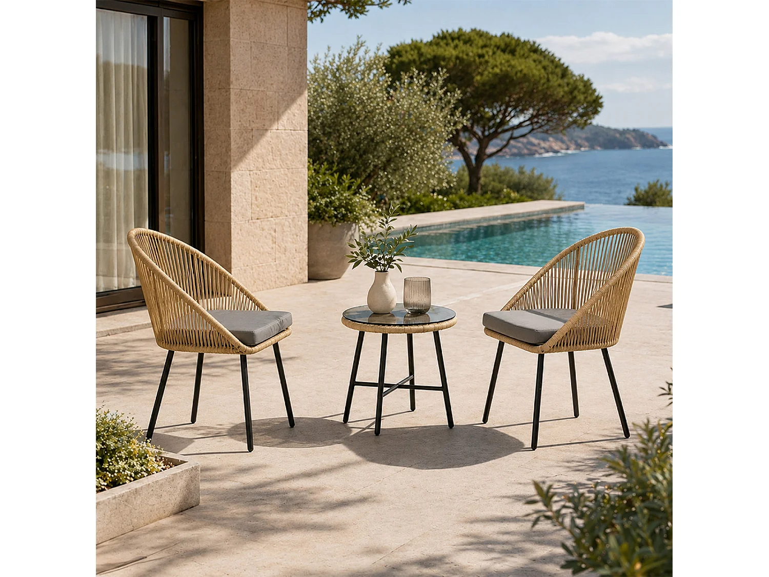 Set da giardino effetto rattan nero moderno con 2 poltrone e tavolino IPANEMA