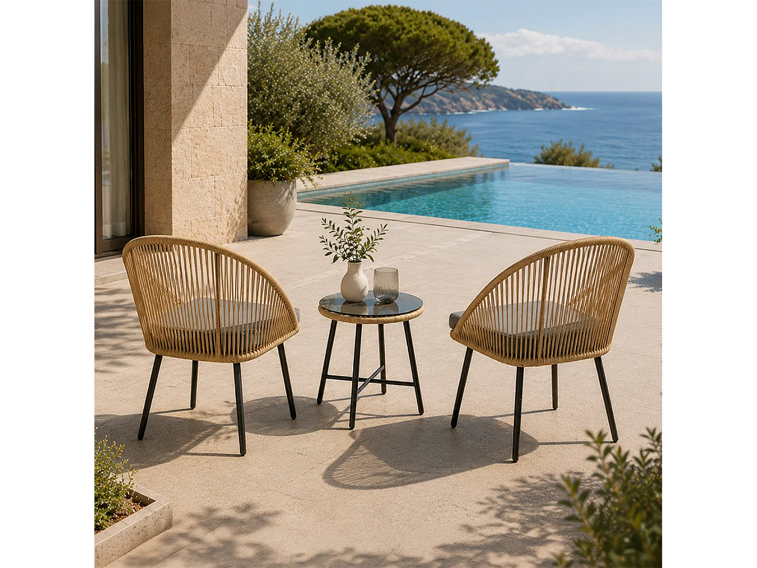 Set da giardino effetto rattan nero moderno con 2 poltrone e tavolino IPANEMA