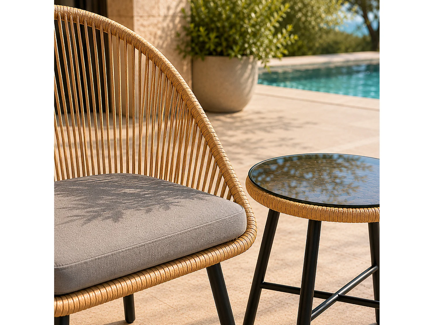 Set da giardino effetto rattan nero moderno con 2 poltrone e tavolino IPANEMA