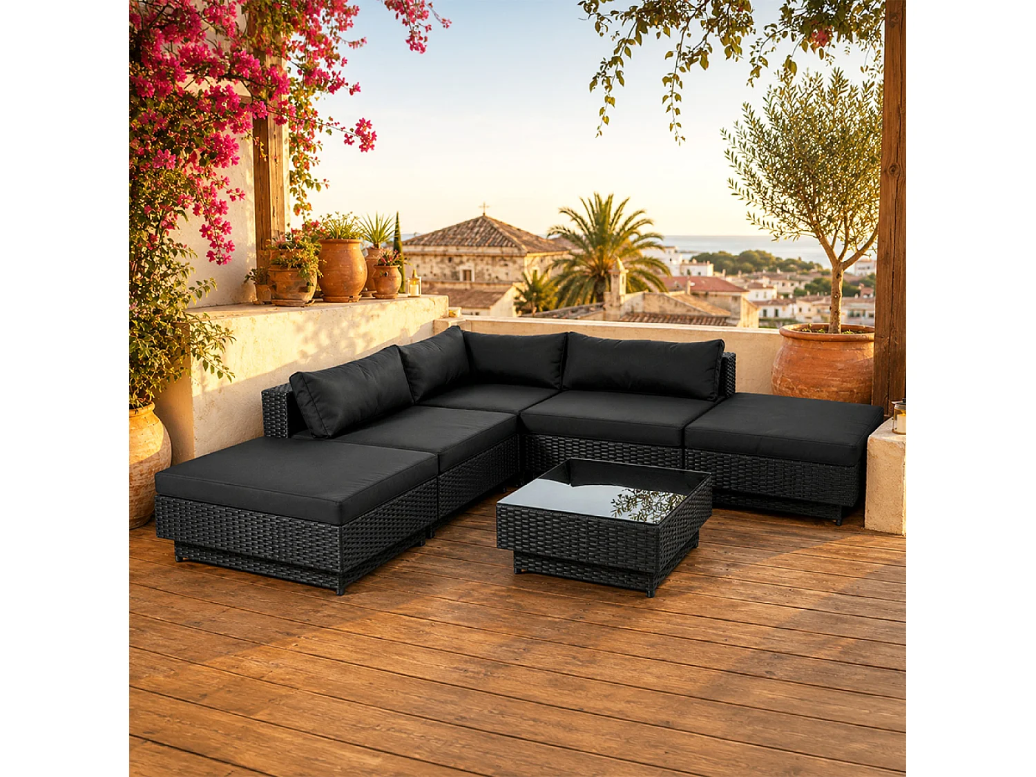 Moderne Zwarte Modulaire 5-Zits Resin Wicker Tuinset met Glazen Salontafel - AMORGOS
