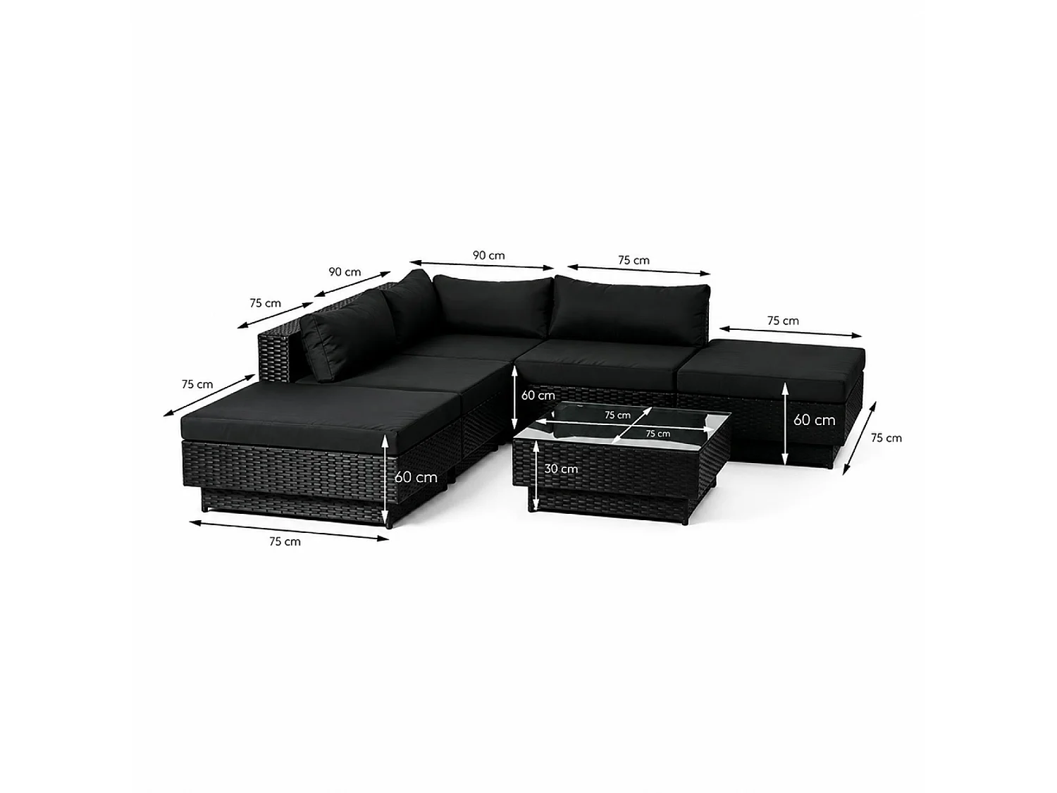 Moderne Zwarte Modulaire 5-Zits Resin Wicker Tuinset met Glazen Salontafel - AMORGOS