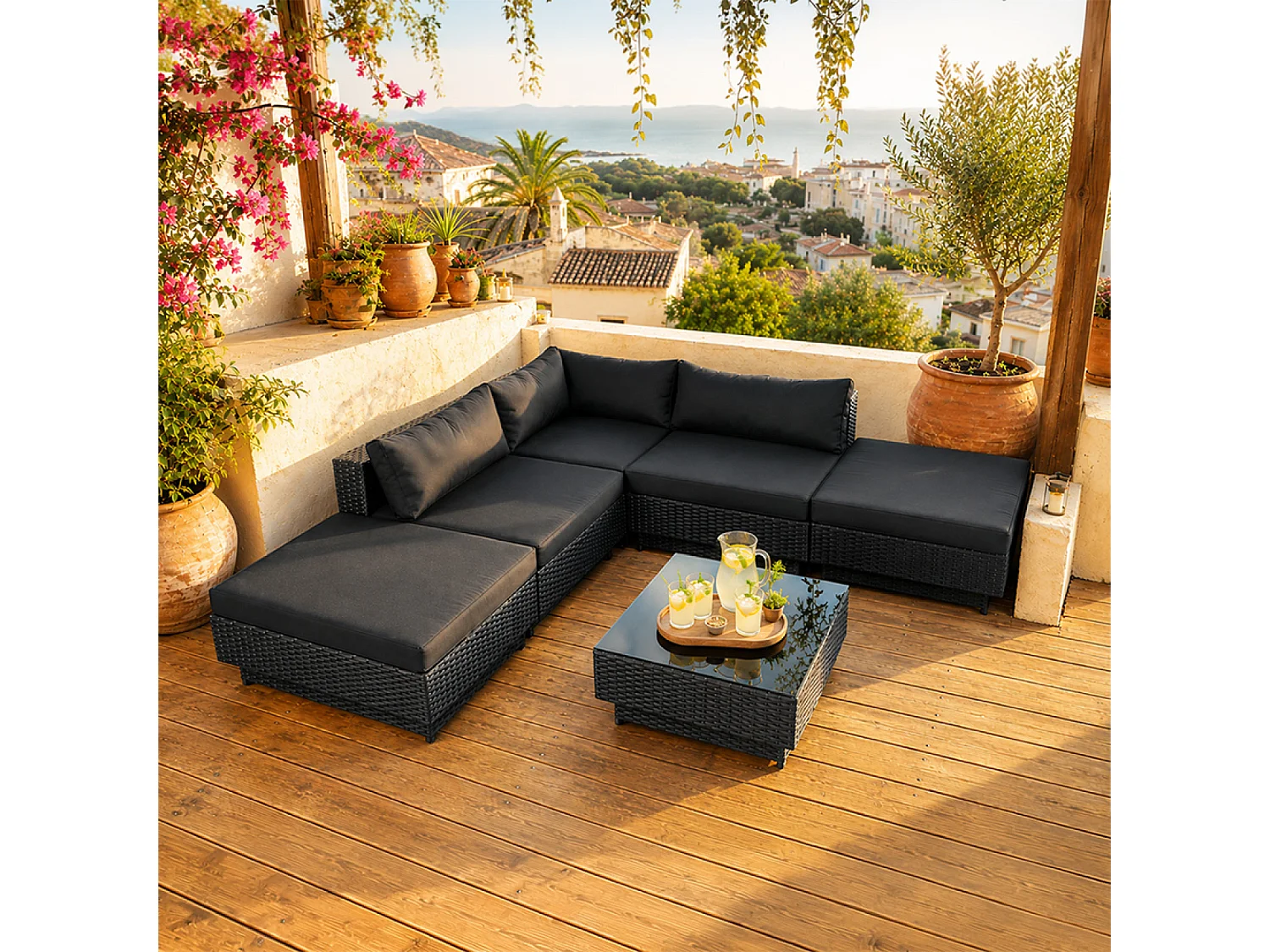 Moderne Zwarte Modulaire 5-Zits Resin Wicker Tuinset met Glazen Salontafel - AMORGOS