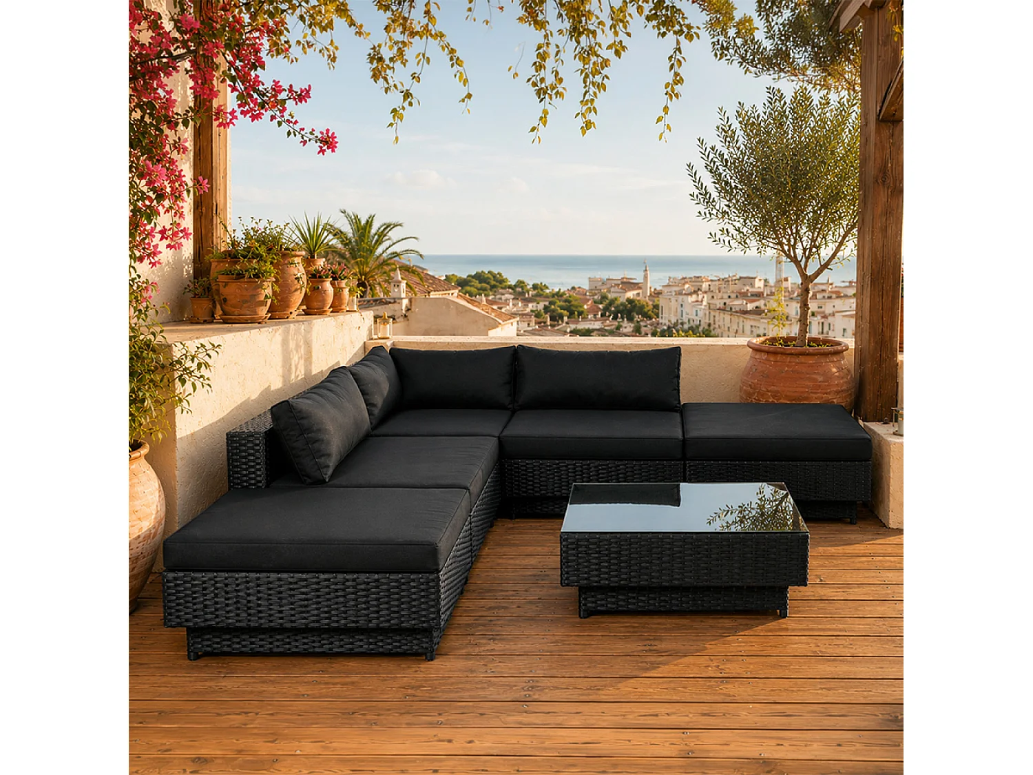 Moderne Zwarte Modulaire 5-Zits Resin Wicker Tuinset met Glazen Salontafel - AMORGOS