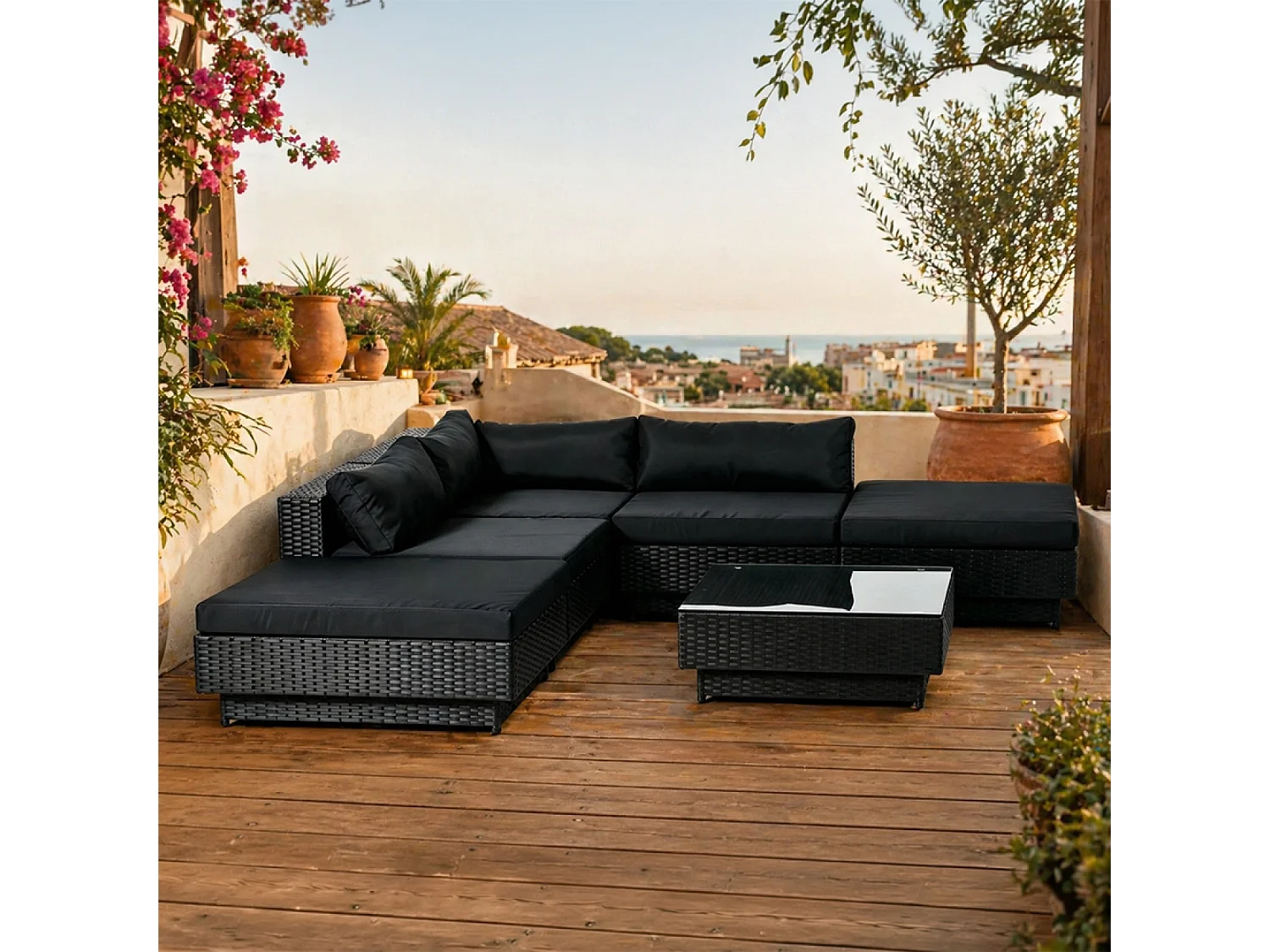 Moderne Zwarte Modulaire 5-Zits Resin Wicker Tuinset met Glazen Salontafel - AMORGOS