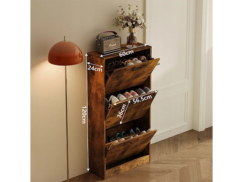 Armário para sapatos em castanho rústico para a entrada, estilo moderno, com 3 prateleiras e porta basculante