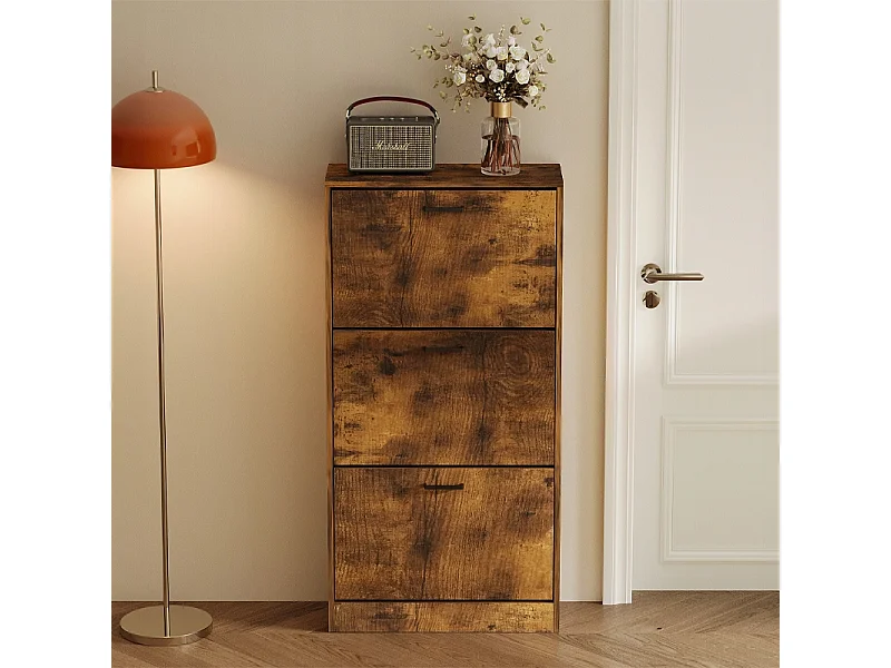 Armário para sapatos em castanho rústico para a entrada, estilo moderno, com 3 prateleiras e porta basculante