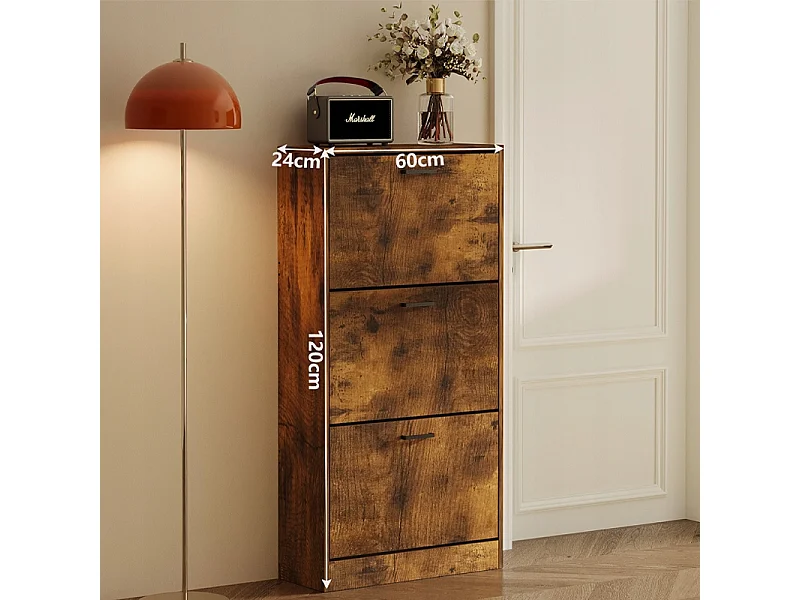 Armário para sapatos em castanho rústico para a entrada, estilo moderno, com 3 prateleiras e porta basculante