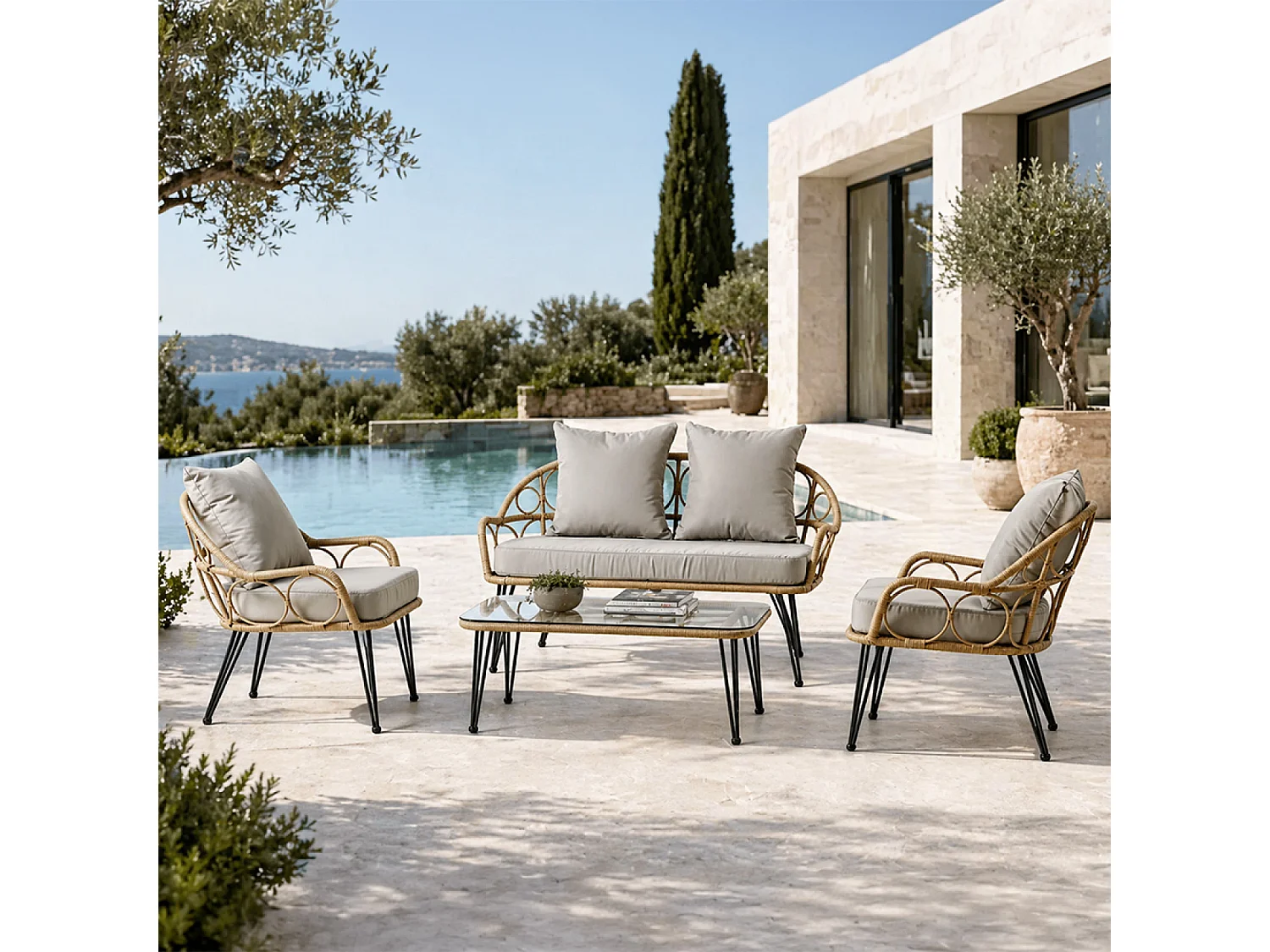 Salon de jardin 4 places avec table basse effet rotin naturel PORTO