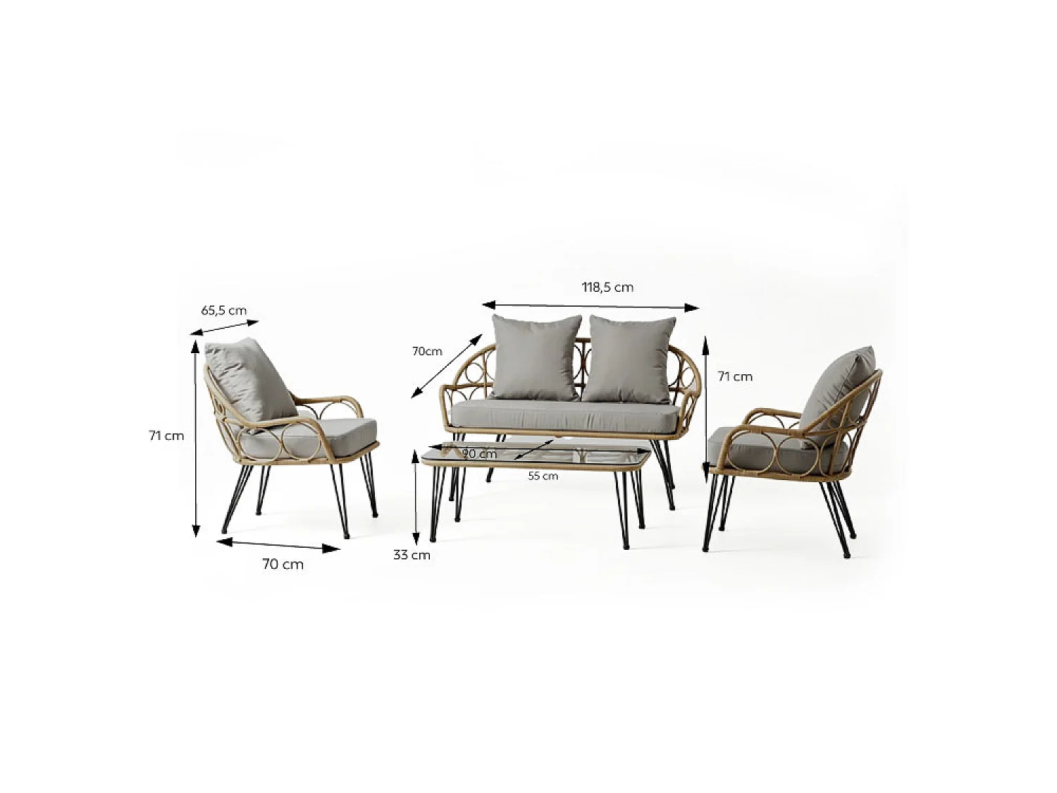 Salon de jardin 4 places avec table basse effet rotin naturel PORTO