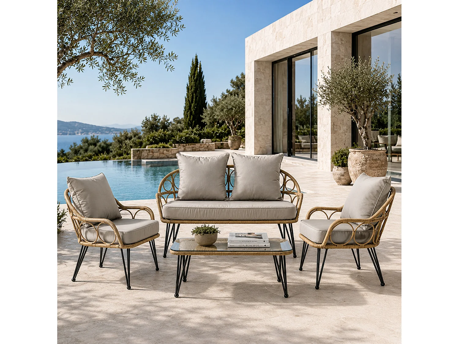 Salon de jardin 4 places avec table basse effet rotin naturel PORTO