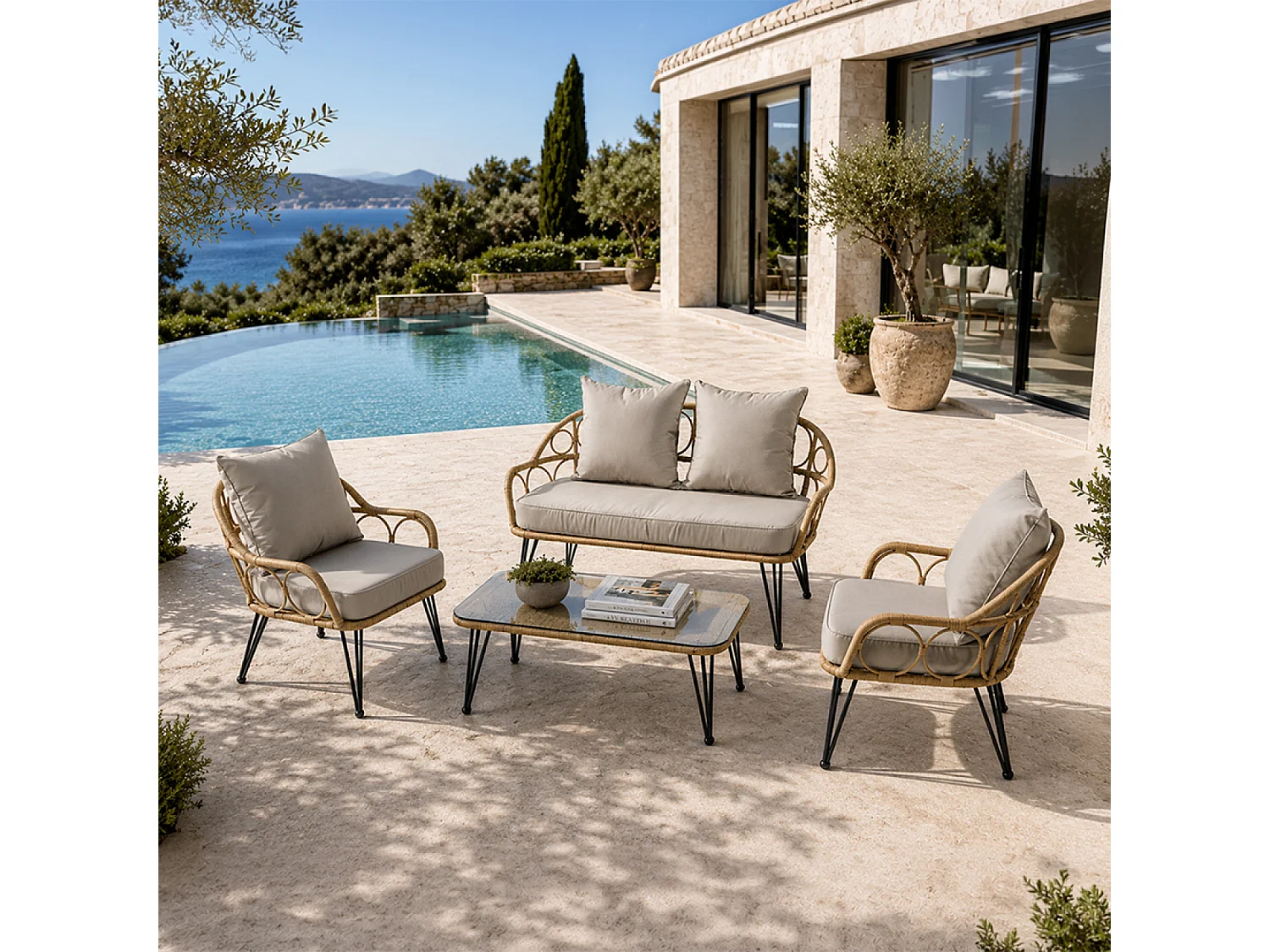 Salon de jardin 4 places avec table basse effet rotin naturel PORTO