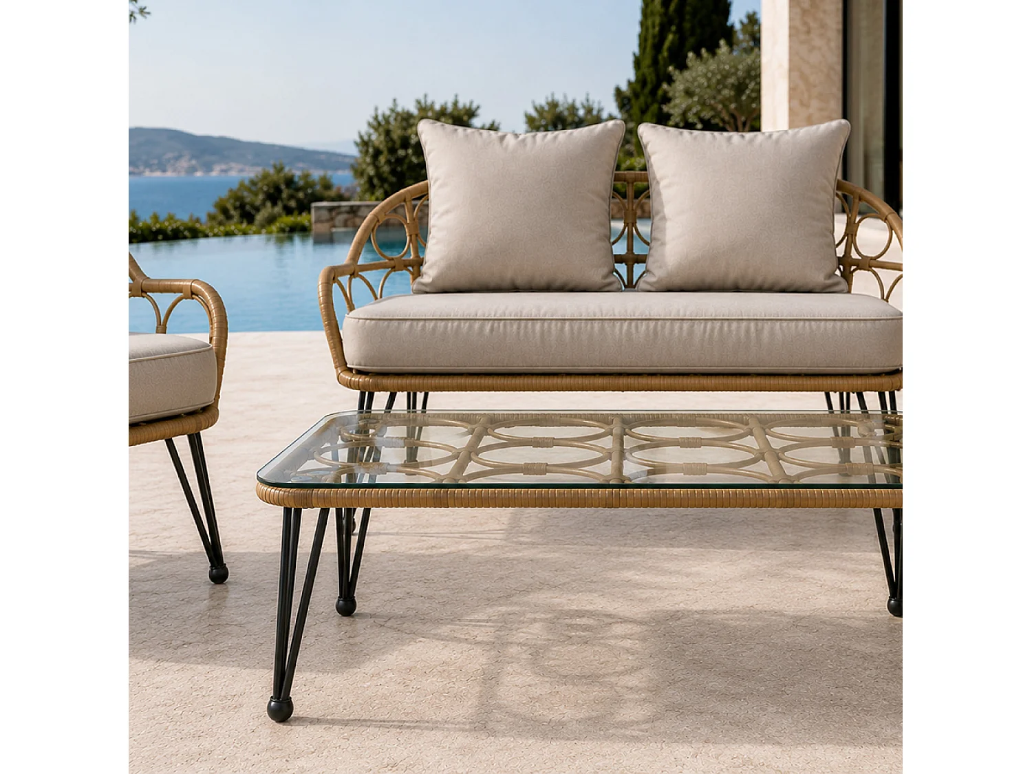 Salon de jardin 4 places avec table basse effet rotin naturel PORTO