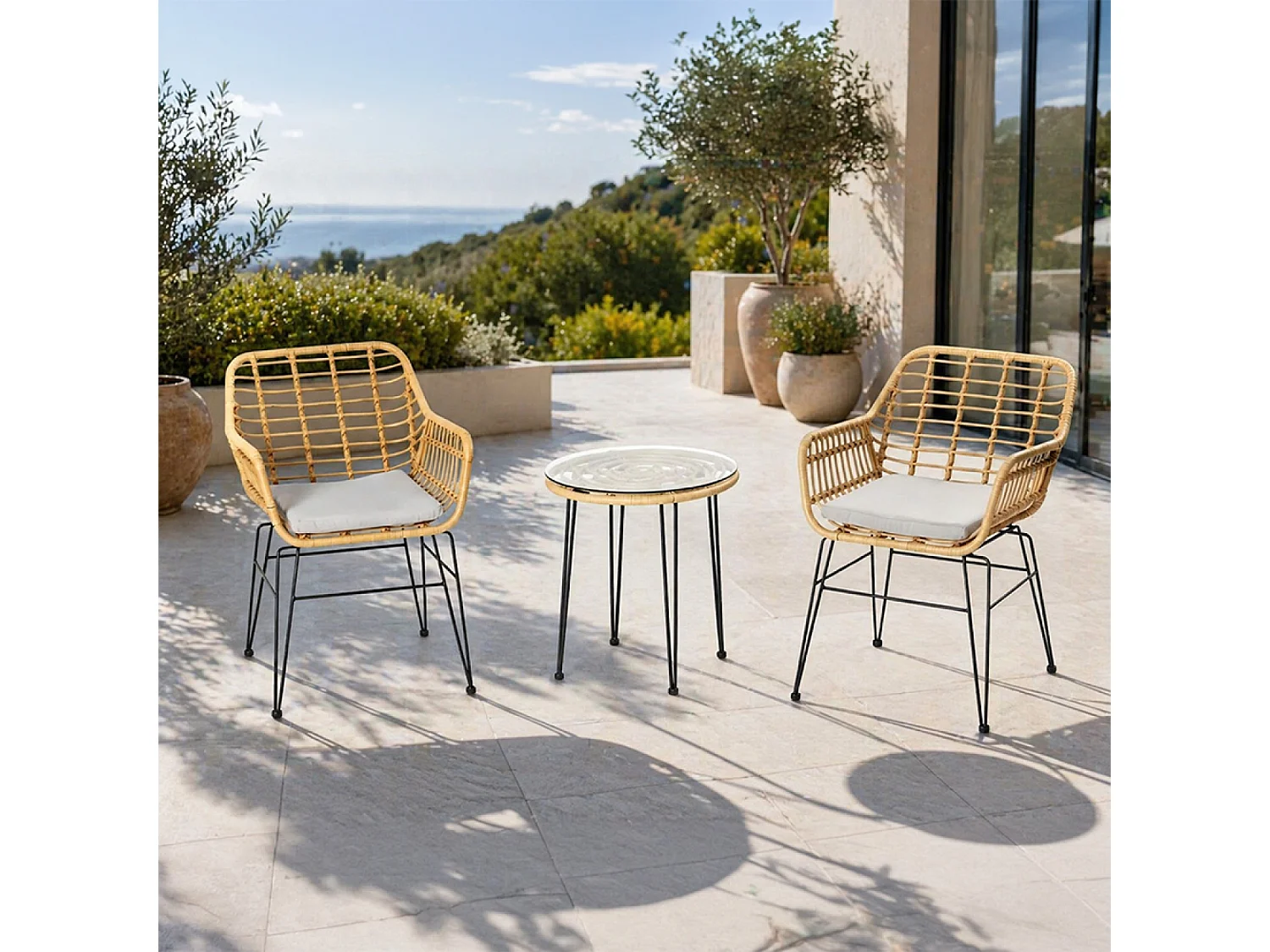 Modern Zwart Rotan Effect Tuinmeubelset met 2 Fauteuils en Salontafel