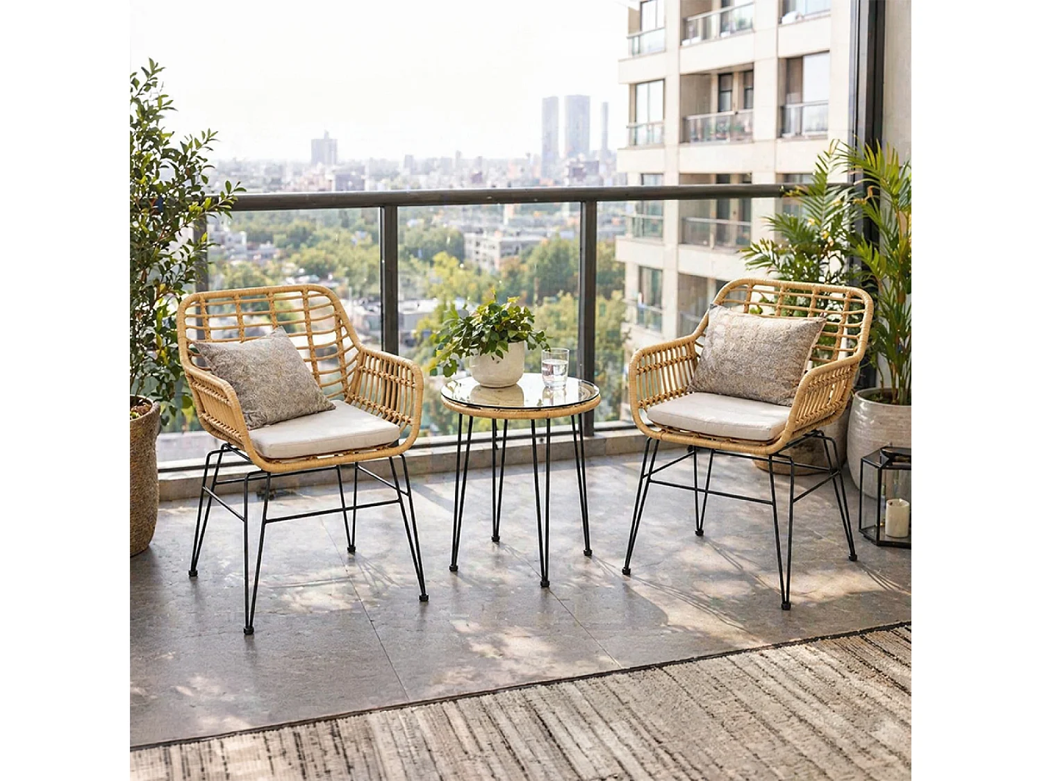 Modern Zwart Rotan Effect Tuinmeubelset met 2 Fauteuils en Salontafel