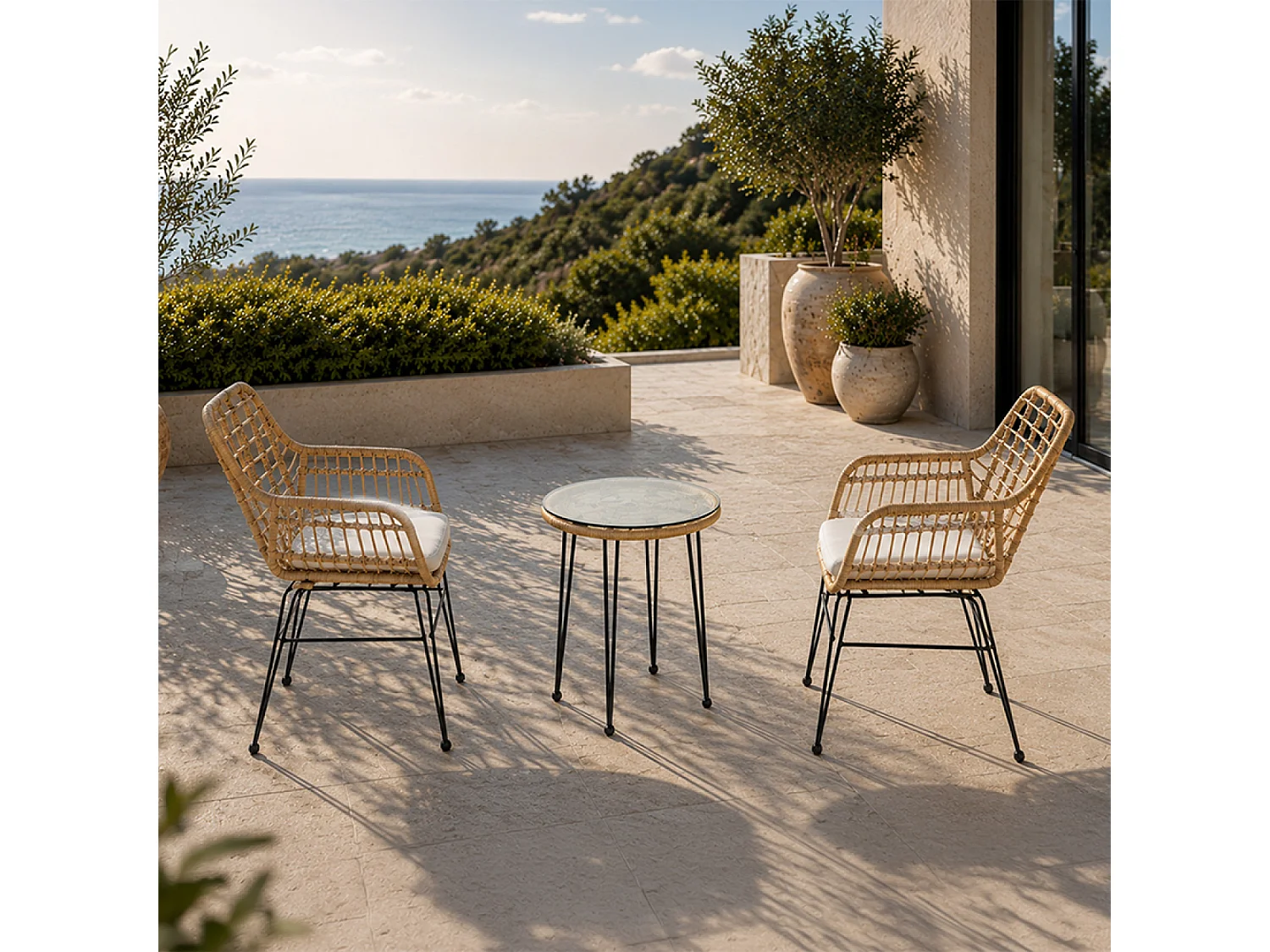 Modern Zwart Rotan Effect Tuinmeubelset met 2 Fauteuils en Salontafel