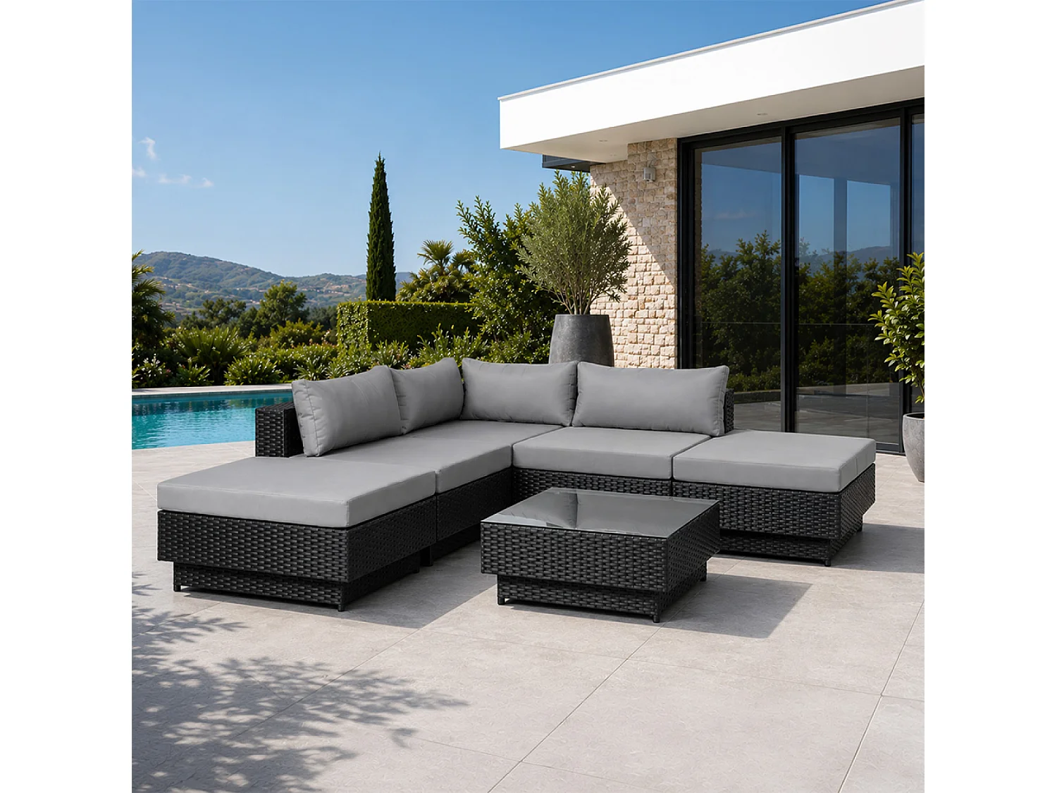 Modern Zwart 5-zits Modulaire Hars Rotan Tuinmeubelset AMORGOS