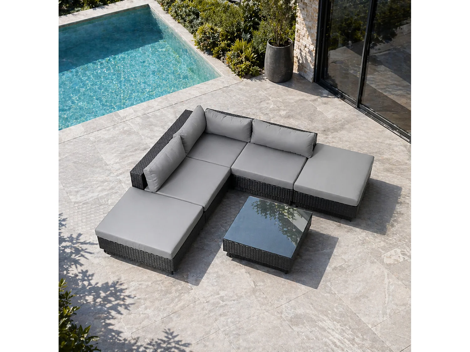 Modern Zwart 5-zits Modulaire Hars Rotan Tuinmeubelset AMORGOS