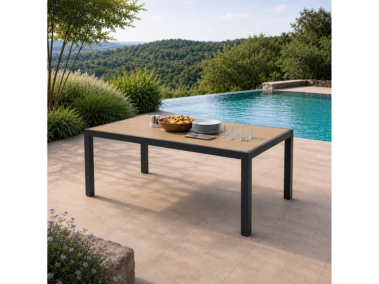 Table de jardin 200cm en aluminium et avec plateau en verre trempé effet bois LAGOS