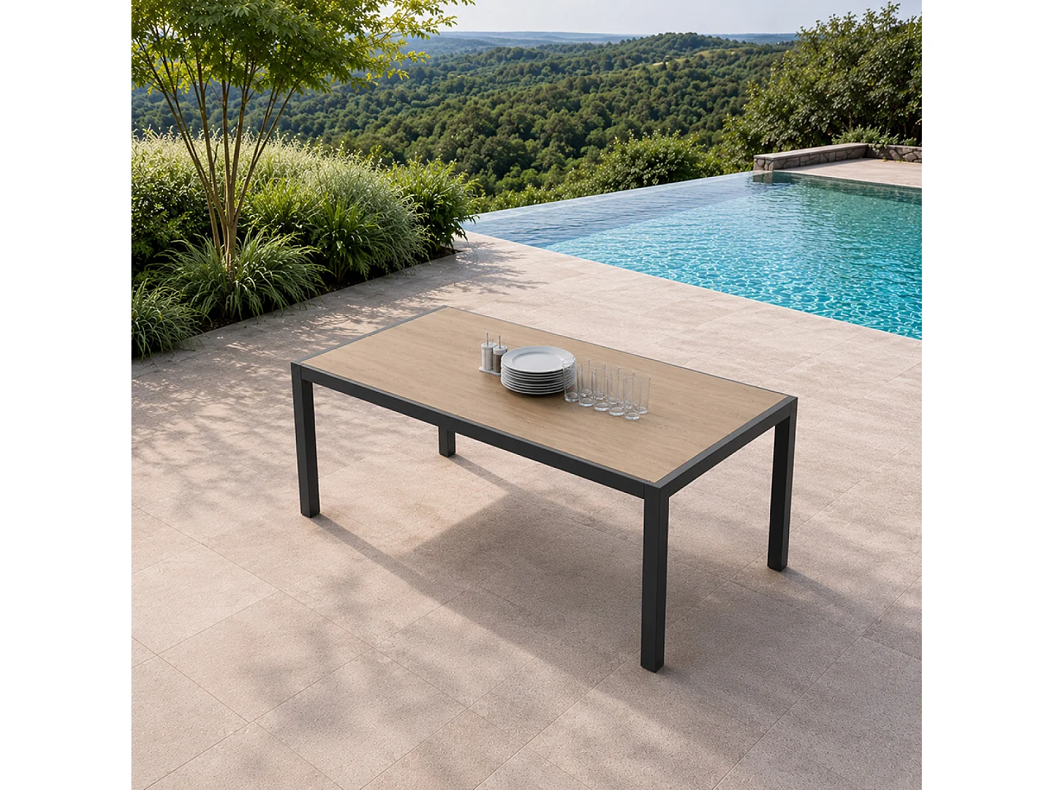 Table de jardin 200cm en aluminium et avec plateau en verre trempé effet bois LAGOS
