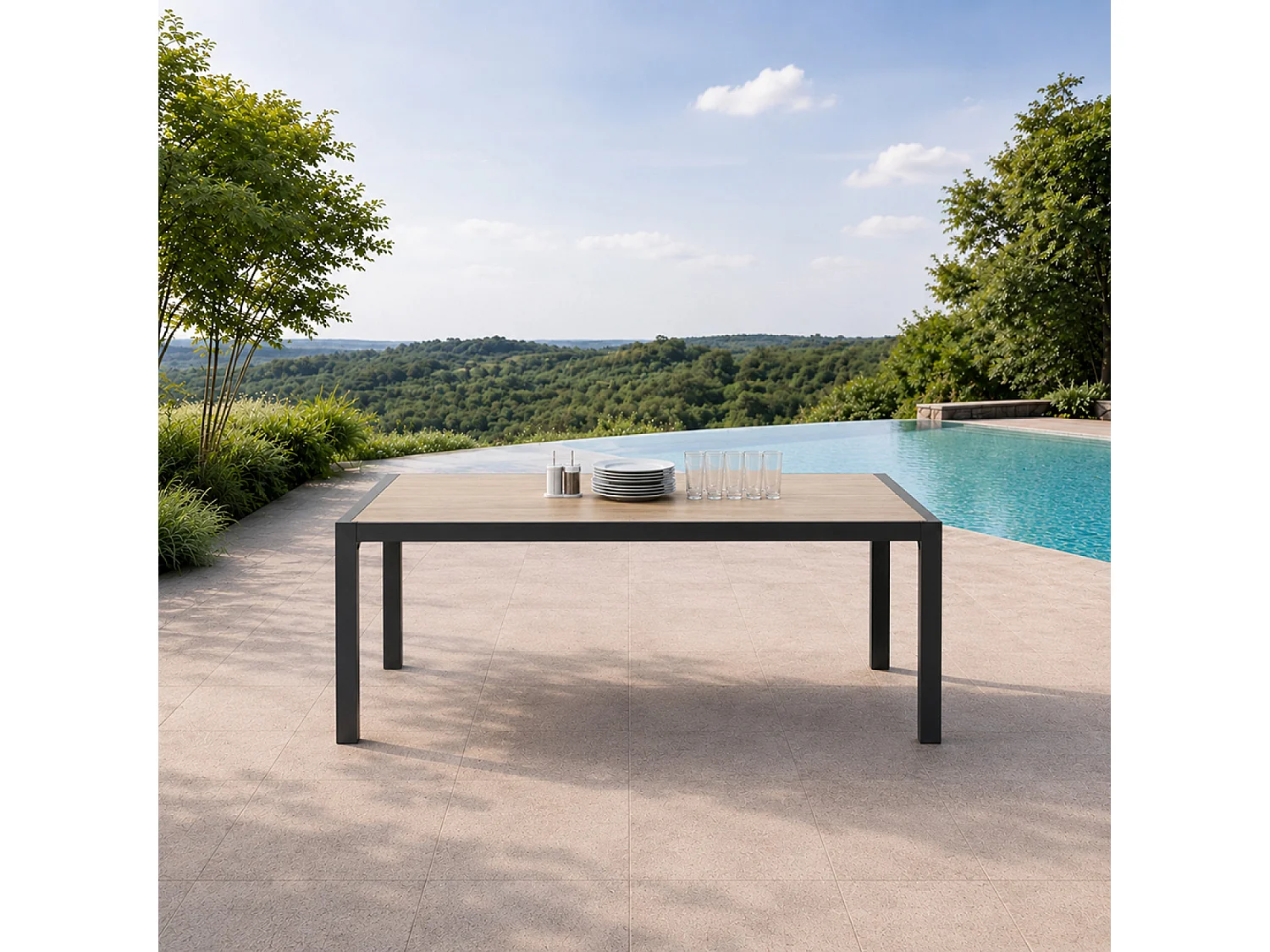 Table de jardin 200cm en aluminium et avec plateau en verre trempé effet bois LAGOS