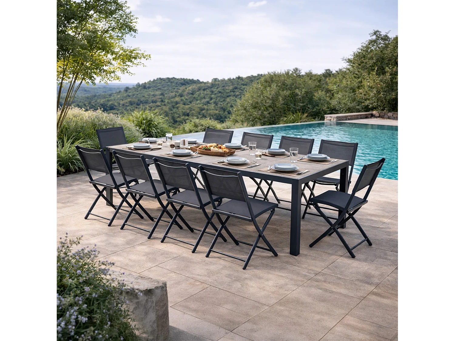 Table de jardin 200cm en aluminium et avec plateau en verre trempé effet bois LAGOS