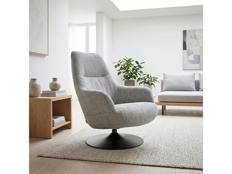 Fauteuil pivotant 360° en tissu texturé gris et socle métal – AUGUSTE