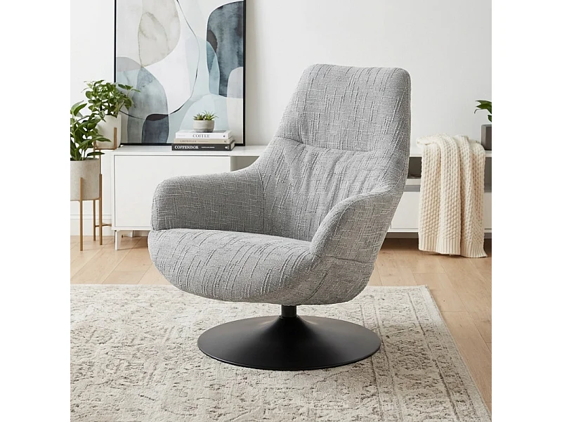 Fauteuil pivotant 360° en tissu texturé gris et socle métal – AUGUSTE