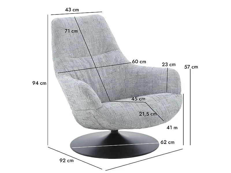 Fauteuil pivotant 360° en tissu texturé gris et socle métal – AUGUSTE